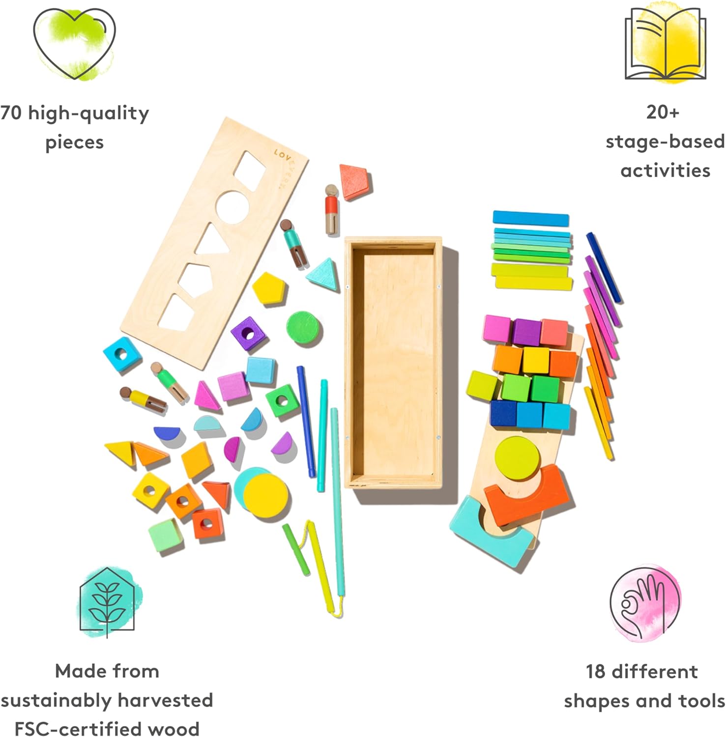 Lovevery The Block Set Sustainable solid wood building blocks with 20+ activities, 70 pieces, and 18 shapes to explore STEM for toddlers to school age and beyond-1