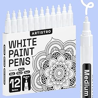 ARTISTRO White Paint Pens for Rock Painting, Stone, Ceramic, Glass, Wood, Tire, Fabric, Metal, Canvas. Set of 12 White Marker for Acrylic Painting, Water-based, Medium Tip