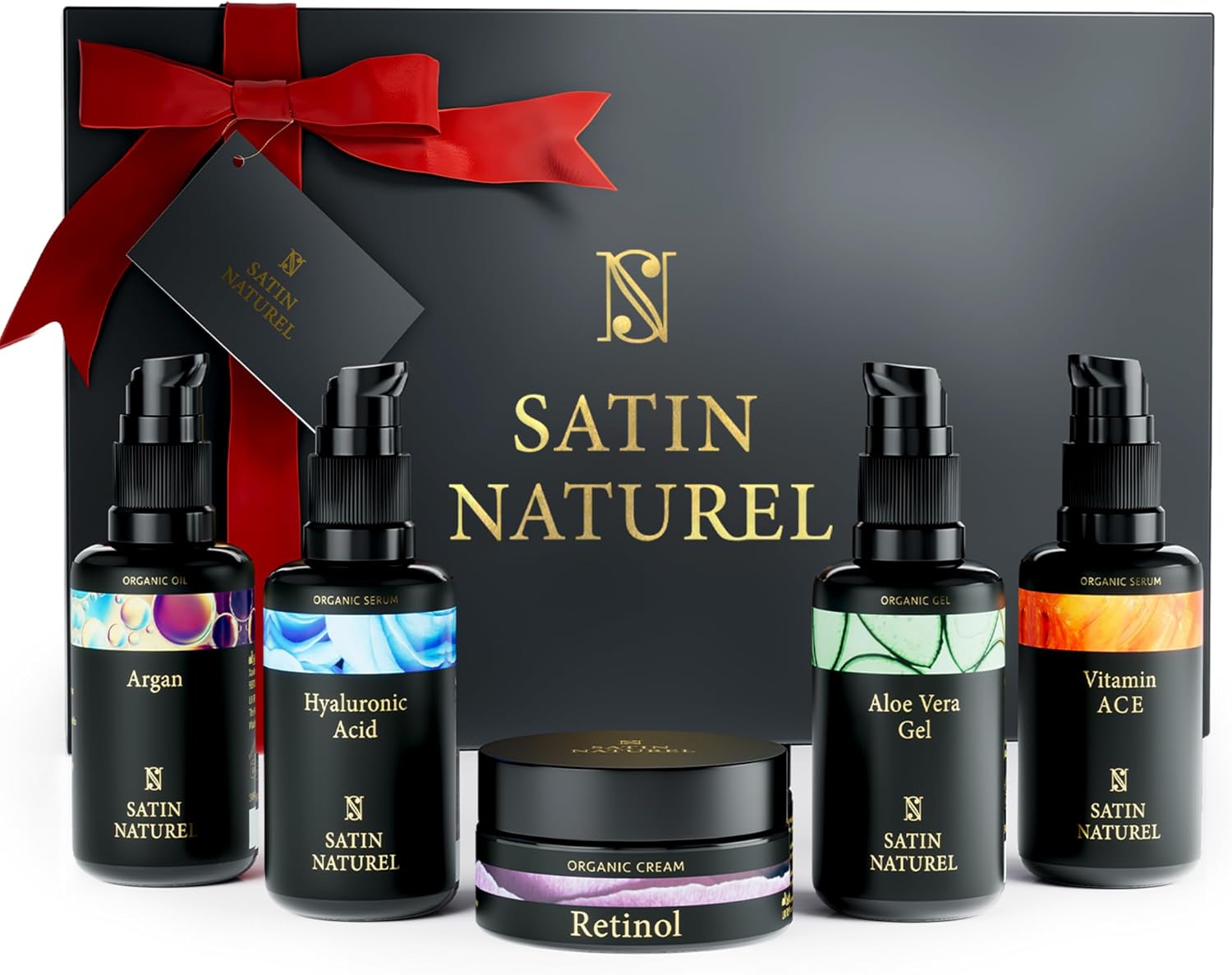 Christmas Gifts for Women - Gift Set Women with Hyaluronic Acid Serum for Face + Vitamin C Serum + Aloe Vera Gel + Argan Oil + Moisturiser 5x30ml, Gifts for Her Christmas Gift Boxes by Satin Naturel-0