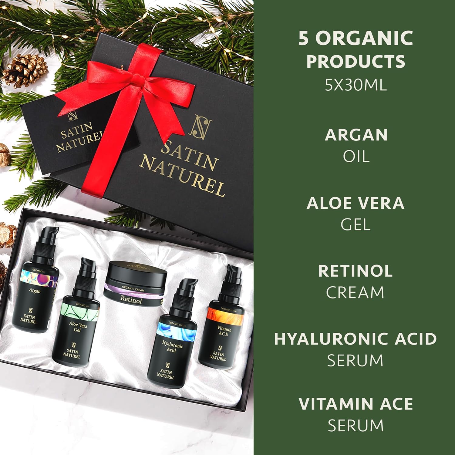 Christmas Gifts for Women - Gift Set Women with Hyaluronic Acid Serum for Face + Vitamin C Serum + Aloe Vera Gel + Argan Oil + Moisturiser 5x30ml, Gifts for Her Christmas Gift Boxes by Satin Naturel-5