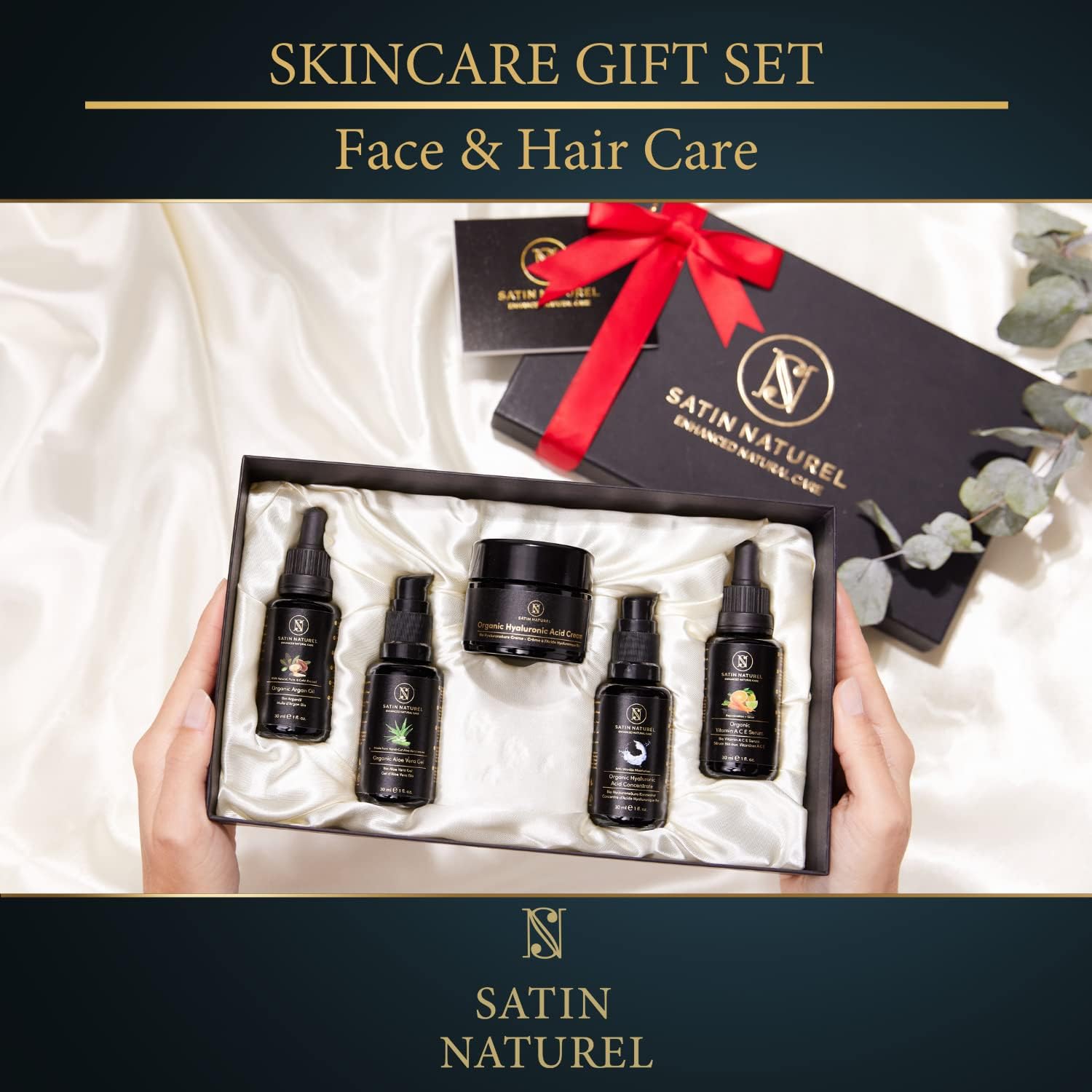 Christmas Gifts for Women - Gift Set Women with Hyaluronic Acid Serum for Face + Vitamin C Serum + Aloe Vera Gel + Argan Oil + Moisturiser 5x30ml, Gifts for Her Christmas Gift Boxes by Satin Naturel-9