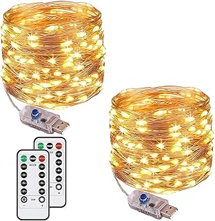 Augone [2 Pack] Fairy String Lights, 120LED 12M/40Ft 8 Modes USB Plug in Powered Lights Waterproof Outdoor/Indoor Copper String Lights with Remote Timer for Bedroom, Party, Christmas (Warm White)