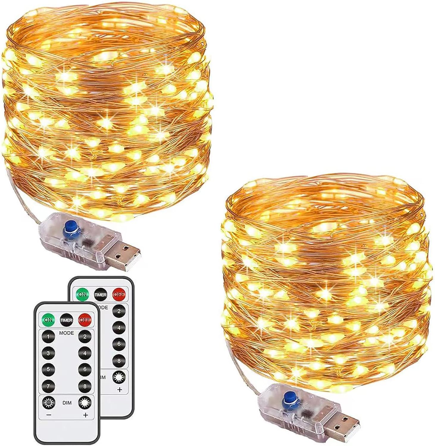 Augone [2 Pack] Fairy String Lights, 120LED 12M/40Ft 8 Modes USB Plug in Powered Lights Waterproof Outdoor/Indoor Copper String Lights with Remote Timer for Bedroom, Party, Christmas (Warm White)-0