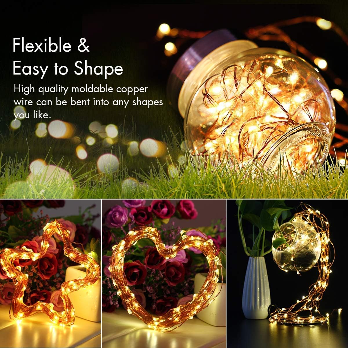 Augone [2 Pack] Fairy String Lights, 120LED 12M/40Ft 8 Modes USB Plug in Powered Lights Waterproof Outdoor/Indoor Copper String Lights with Remote Timer for Bedroom, Party, Christmas (Warm White)-3