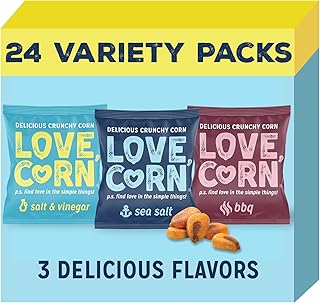 LOVE CORN Variety Pack (8x Sea Salt, 8x BBQ, 8x Salt & Vinegar) – Healthy Snacks Ideal for Gluten Free & Vegan Diets – Low Sugar Alternative for Crisps, Mixed Nuts & Pretzels – Perfect To Graze On