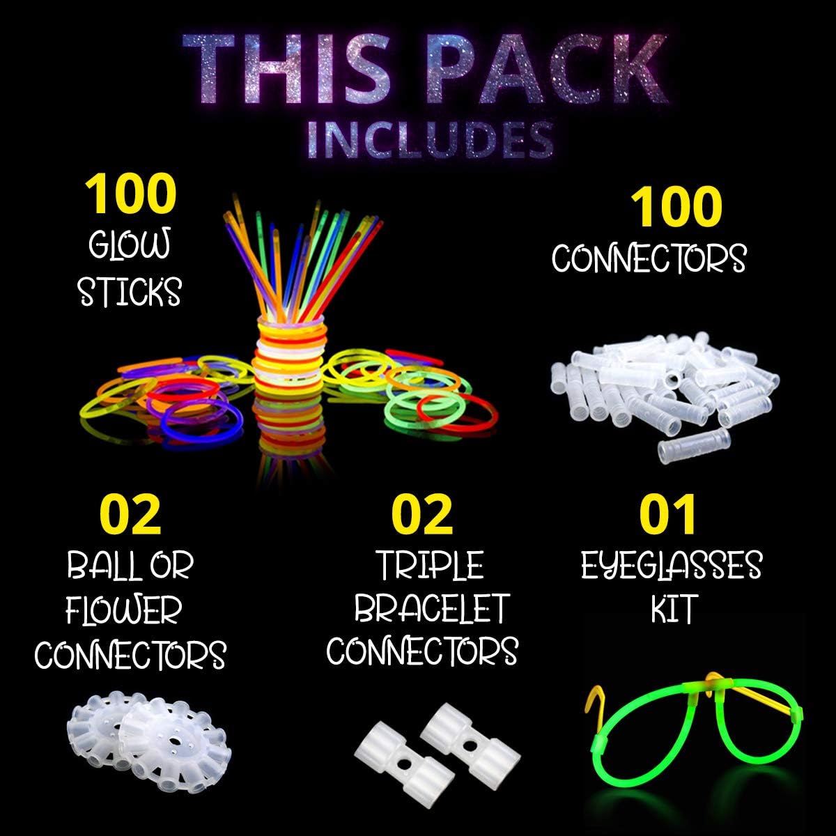 Ultra Bright Glow Sticks Bulk Party Pack-100 Glow in The Dark Party Supplies- Bracelets-Eye Glasses- Necklaces- Neon Accessories-Glow Party Pack- Kids Party Favors- Halloween Party Supplies- 205 pcs-1