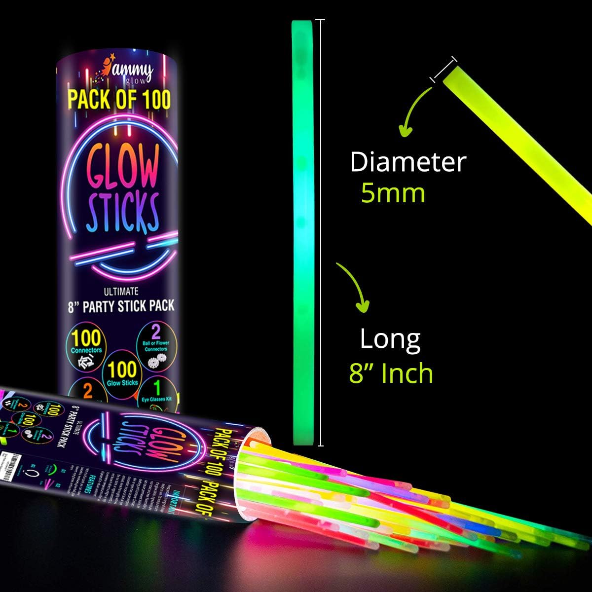 Ultra Bright Glow Sticks Bulk Party Pack-100 Glow in The Dark Party Supplies- Bracelets-Eye Glasses- Necklaces- Neon Accessories-Glow Party Pack- Kids Party Favors- Halloween Party Supplies- 205 pcs-3