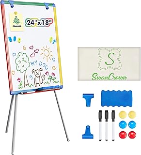 SWANCROWN Portable Whiteboard with Stand 60x45cm, Teaching Easel for Classroom Home School, Colorful Aluminum Frame, Foldable&Height Adjustable