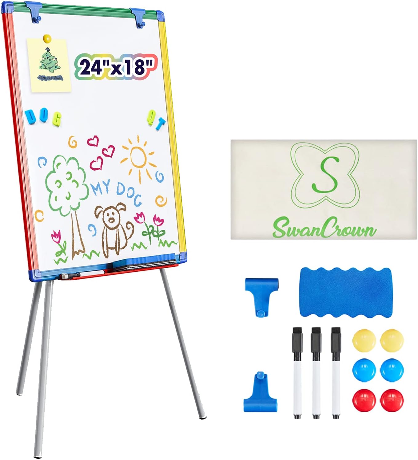 SWANCROWN Portable Whiteboard with Stand 60x45cm, Teaching Easel for Classroom Home School, Colorful Aluminum Frame, Foldable&Height Adjustable-0