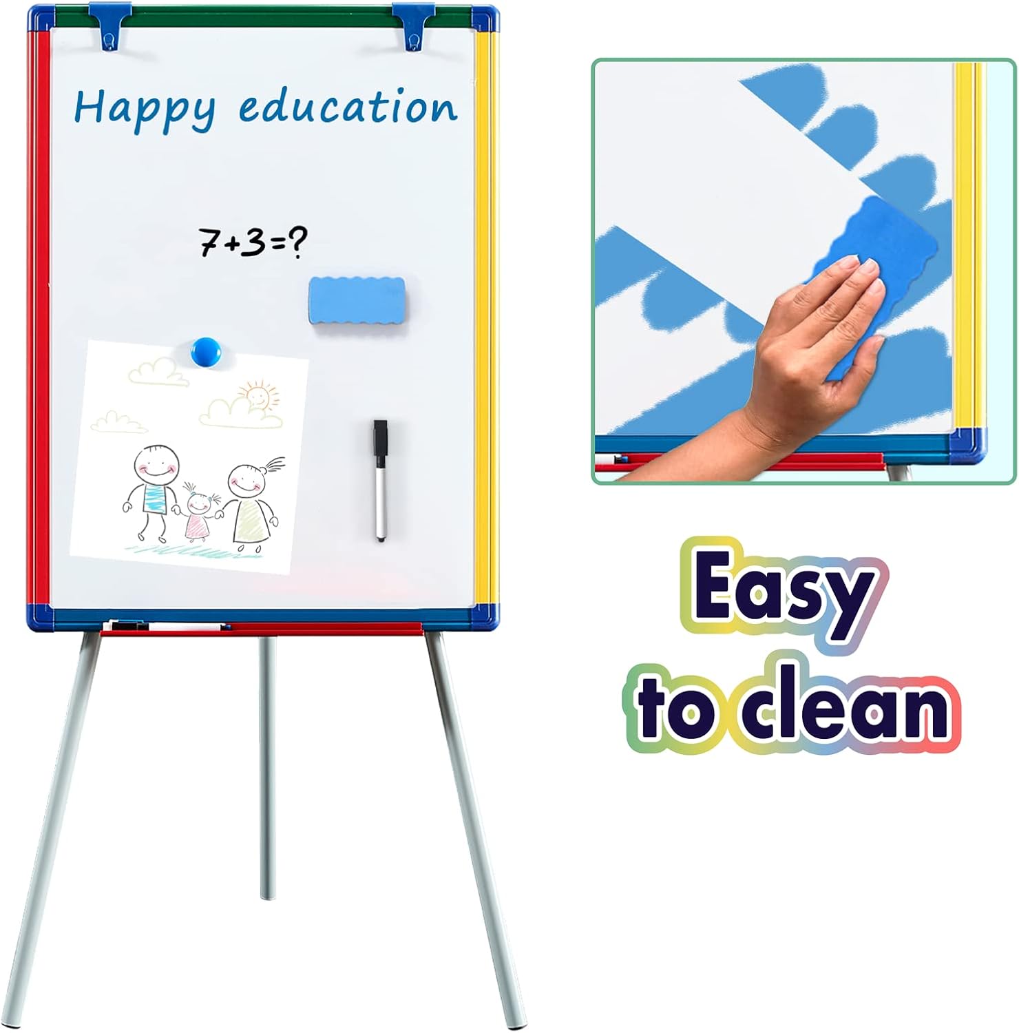 SWANCROWN Portable Whiteboard with Stand 60x45cm, Teaching Easel for Classroom Home School, Colorful Aluminum Frame, Foldable&Height Adjustable-1