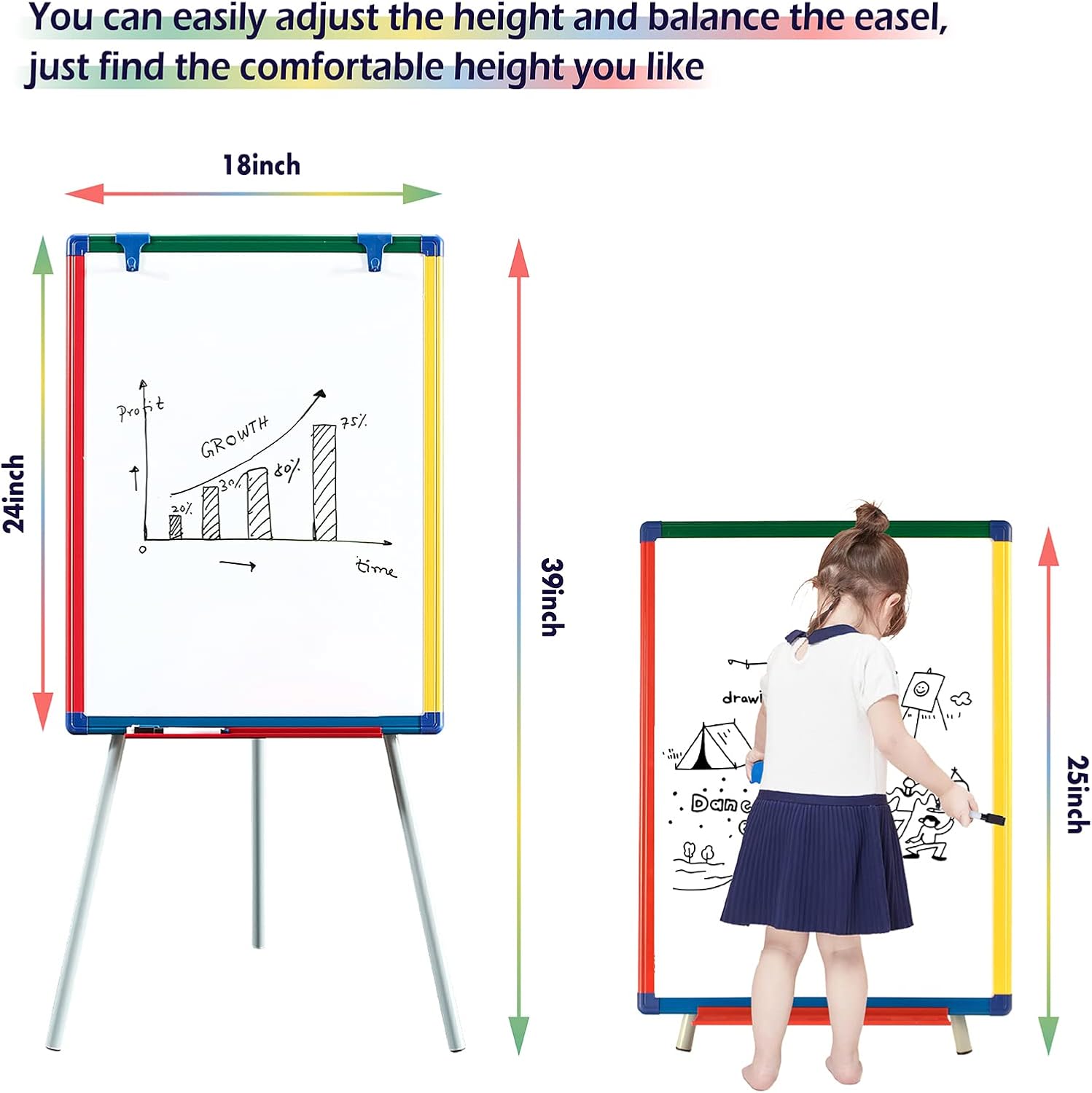 SWANCROWN Portable Whiteboard with Stand 60x45cm, Teaching Easel for Classroom Home School, Colorful Aluminum Frame, Foldable&Height Adjustable-3