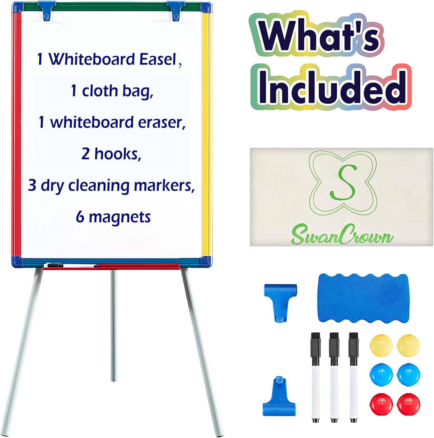 SWANCROWN Portable Whiteboard with Stand 60x45cm, Teaching Easel for Classroom Home School, Colorful Aluminum Frame, Foldable&Height Adjustable-5