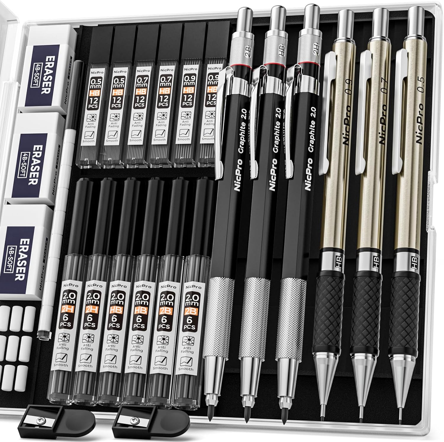 Nicpro 6PCS Mechanical Pencils Set, 3 PCS 2mm Lead Holder (2B HB 2H), Clutch Propelling Drafting Pencil 0.5 mm & 0.7 mm & 0.9 mm for Writing,Sketching Drawing with 12 Tube Lead Refills Case-0