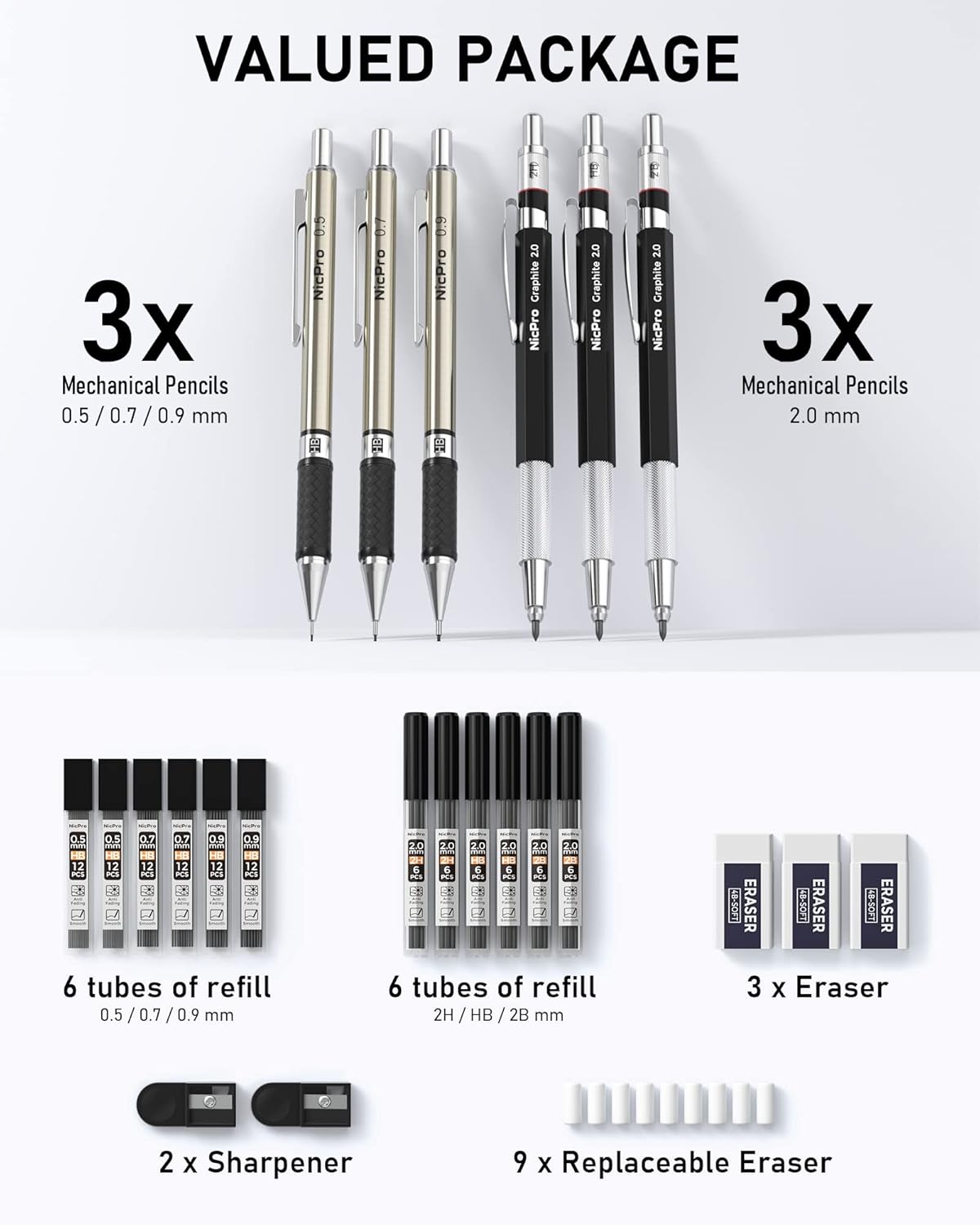 Nicpro 6PCS Mechanical Pencils Set, 3 PCS 2mm Lead Holder (2B HB 2H), Clutch Propelling Drafting Pencil 0.5 mm & 0.7 mm & 0.9 mm for Writing,Sketching Drawing with 12 Tube Lead Refills Case-4