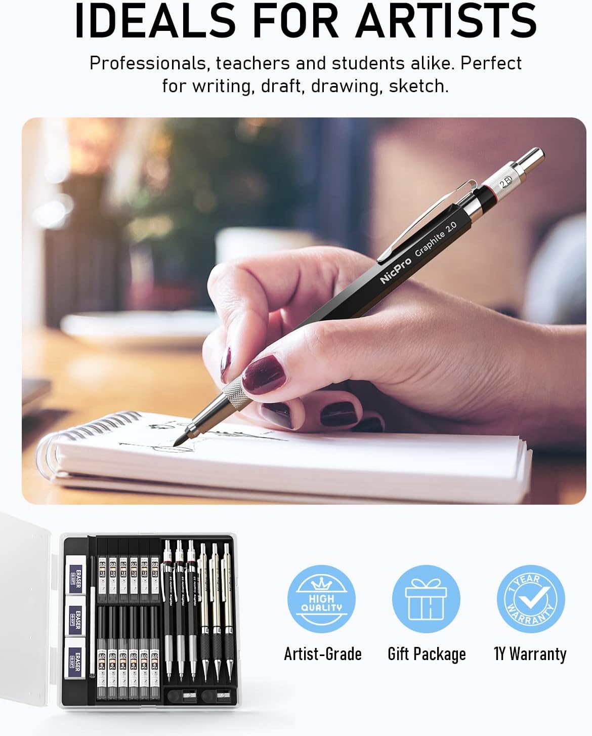 Nicpro 6PCS Mechanical Pencils Set, 3 PCS 2mm Lead Holder (2B HB 2H), Clutch Propelling Drafting Pencil 0.5 mm & 0.7 mm & 0.9 mm for Writing,Sketching Drawing with 12 Tube Lead Refills Case-5