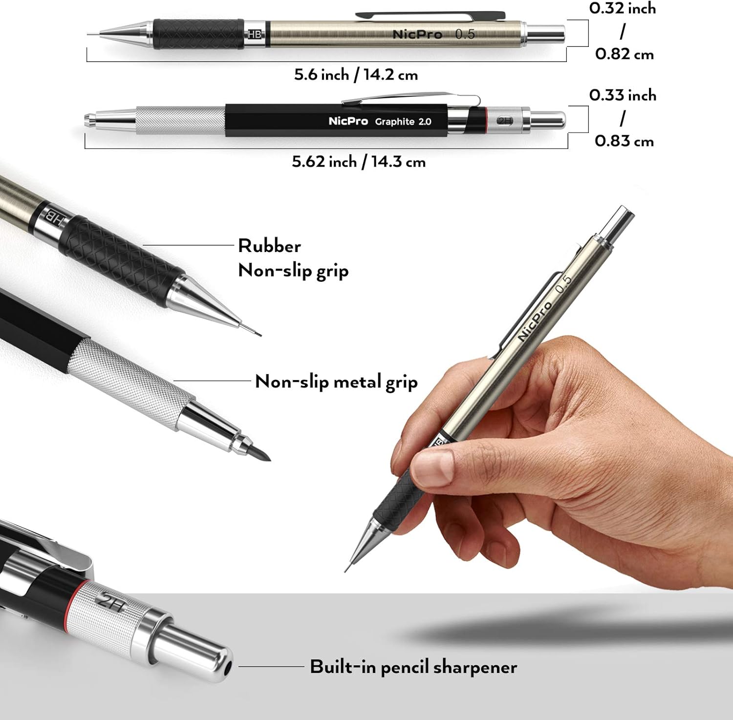 Nicpro 6PCS Mechanical Pencils Set, 3 PCS 2mm Lead Holder (2B HB 2H), Clutch Propelling Drafting Pencil 0.5 mm & 0.7 mm & 0.9 mm for Writing,Sketching Drawing with 12 Tube Lead Refills Case-6