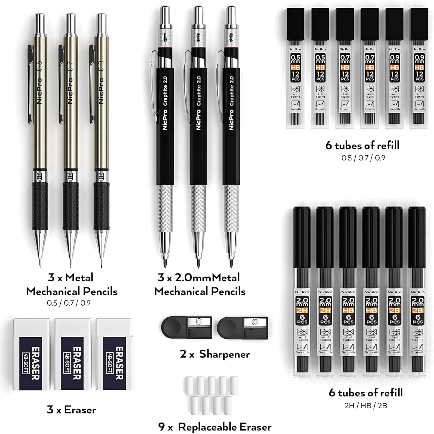 Nicpro 6PCS Mechanical Pencils Set, 3 PCS 2mm Lead Holder (2B HB 2H), Clutch Propelling Drafting Pencil 0.5 mm & 0.7 mm & 0.9 mm for Writing,Sketching Drawing with 12 Tube Lead Refills Case-8