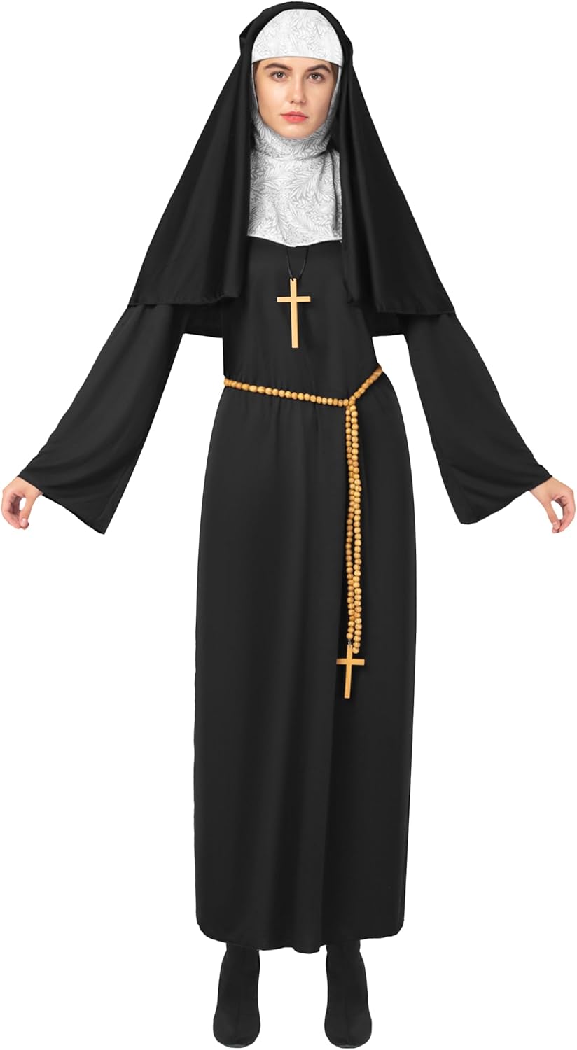 Spooktacular Creations Nun Costume for Women Halloween with Attached Collar, Gold Cross, and Drape Belt Relgious Fancy Dress Halloween Dress Up-0