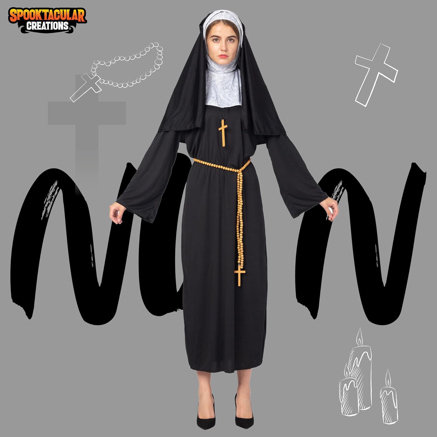 Spooktacular Creations Nun Costume for Women Halloween with Attached Collar, Gold Cross, and Drape Belt Relgious Fancy Dress Halloween Dress Up-1