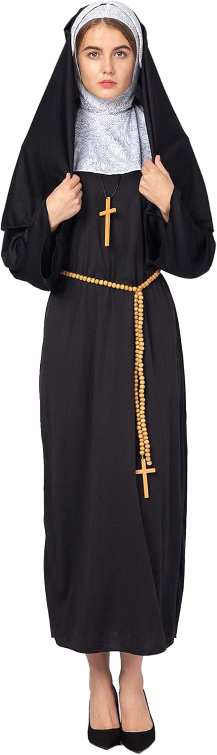 Spooktacular Creations Nun Costume for Women Halloween with Attached Collar, Gold Cross, and Drape Belt Relgious Fancy Dress Halloween Dress Up-7