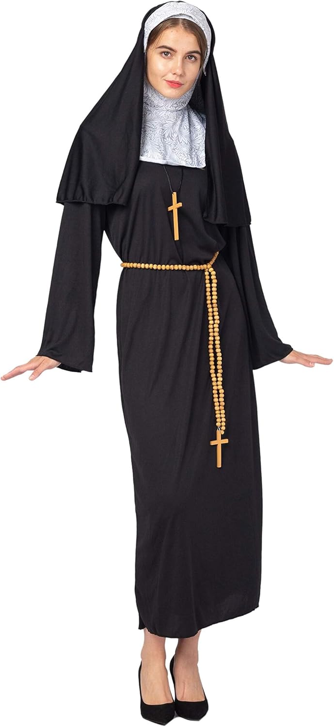 Spooktacular Creations Nun Costume for Women Halloween with Attached Collar, Gold Cross, and Drape Belt Relgious Fancy Dress Halloween Dress Up-8