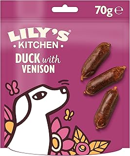 Lily’s Kitchen Made with Natural Ingredients Adult Dog Treats Packet Scrumptious Duck with Venison Sausages Grain-Free Recipes 8 x 70g