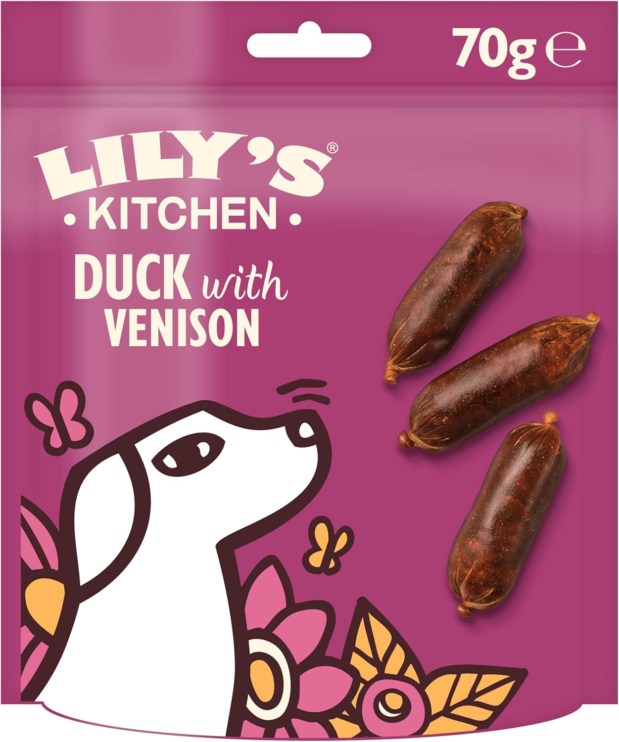 Lily’s Kitchen Made with Natural Ingredients Adult Dog Treats Packet Scrumptious Duck with Venison Sausages Grain-Free Recipes 8 x 70g-0