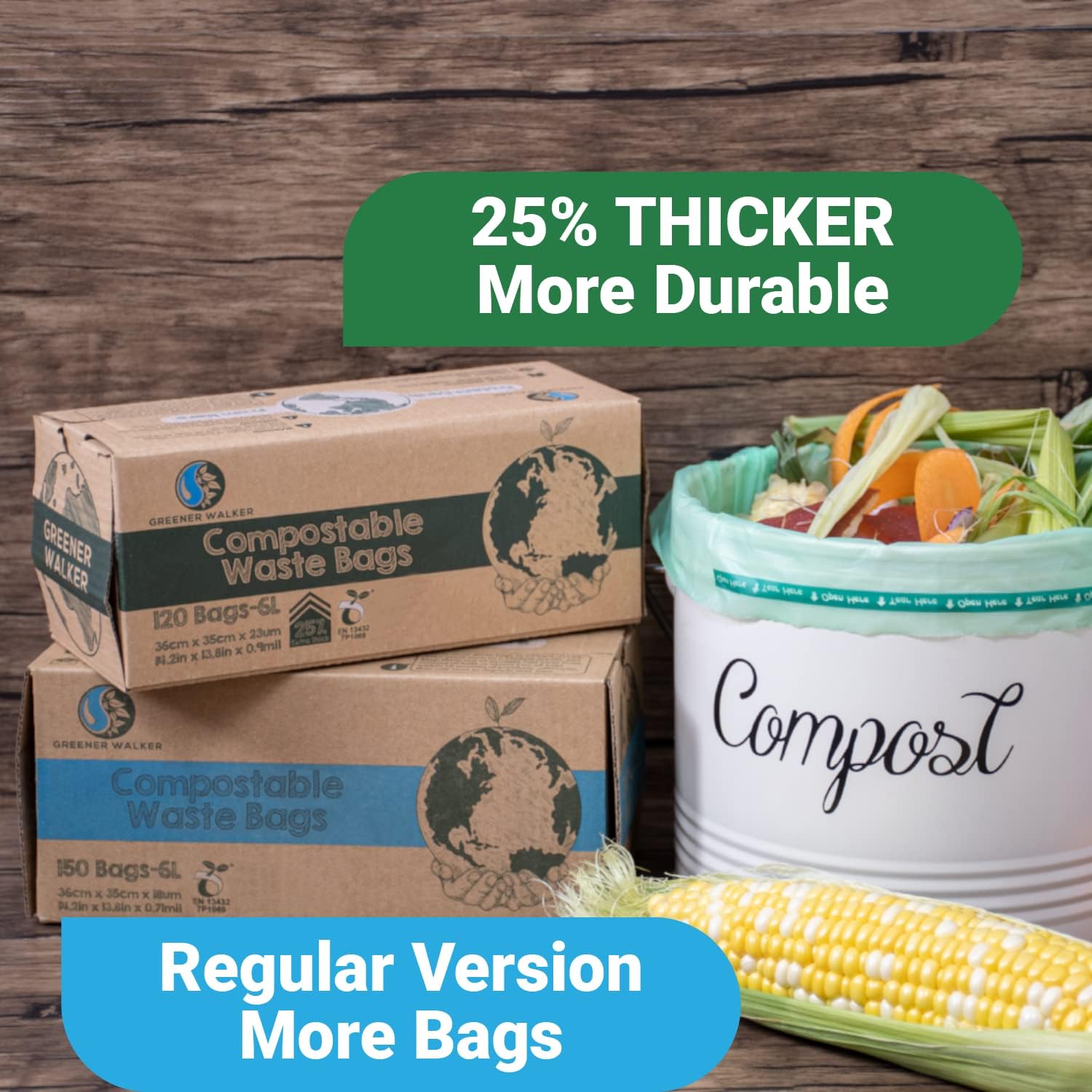 Greener Walker 25% Extra Thick Compost 6L/10L/30L Caddy Bin Liners-120 Bags Biodegradable Kitchen Food Waste Bags(6L)-3