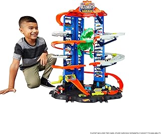 Hot Wheels City Ultimate Garage Playset with Multi-Level Racetrack, 91 cm Tall Moving T-Rex Dinosaur, Parks 100 Cars, Includes 2 Toy Cars, Toys for Ages 5 to 8, One Pack, GJL14