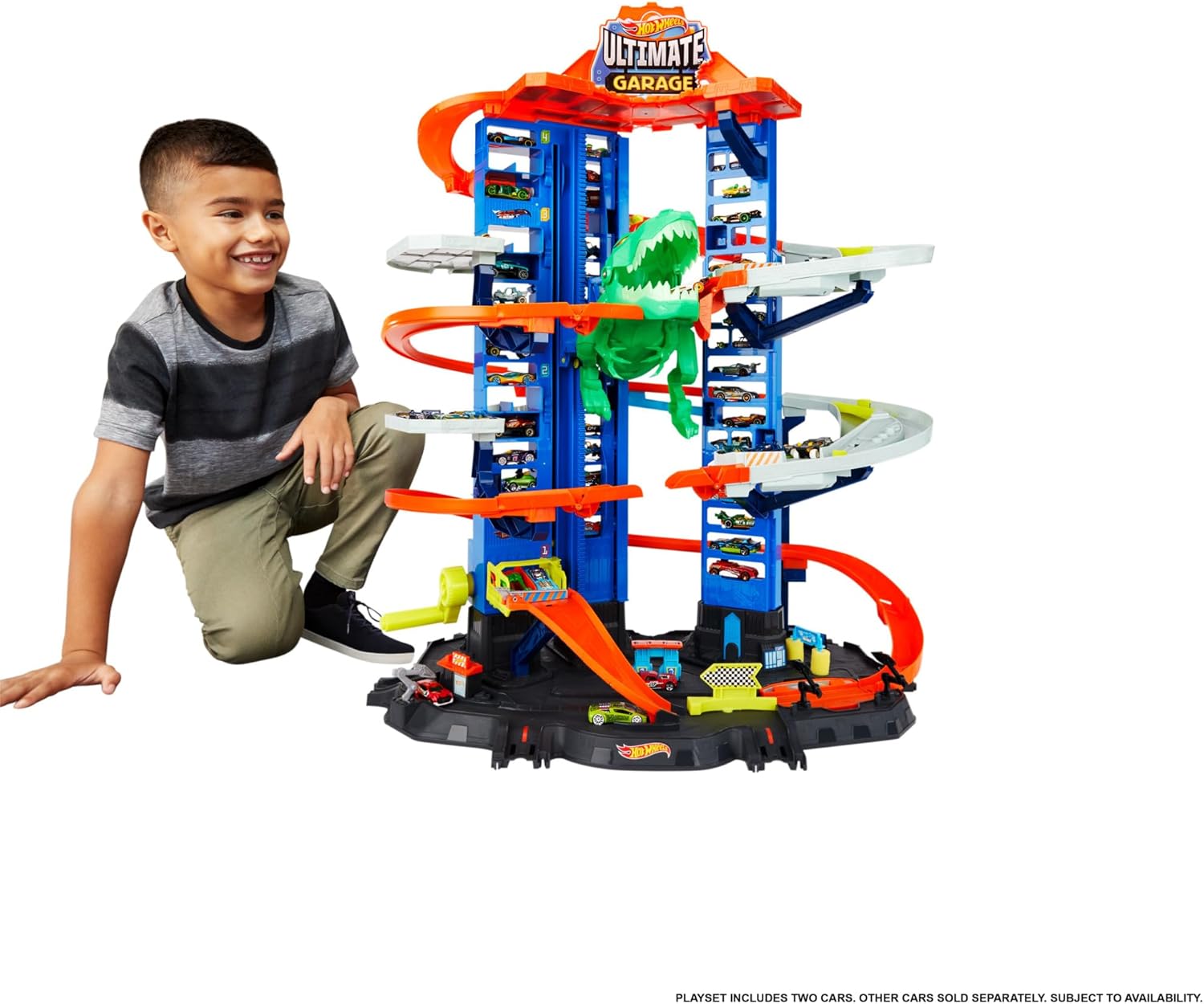 Hot Wheels City Ultimate Garage Playset with Multi-Level Racetrack, 91 cm Tall Moving T-Rex Dinosaur, Parks 100 Cars, Includes 2 Toy Cars, Toys for Ages 5 to 8, One Pack, GJL14-0