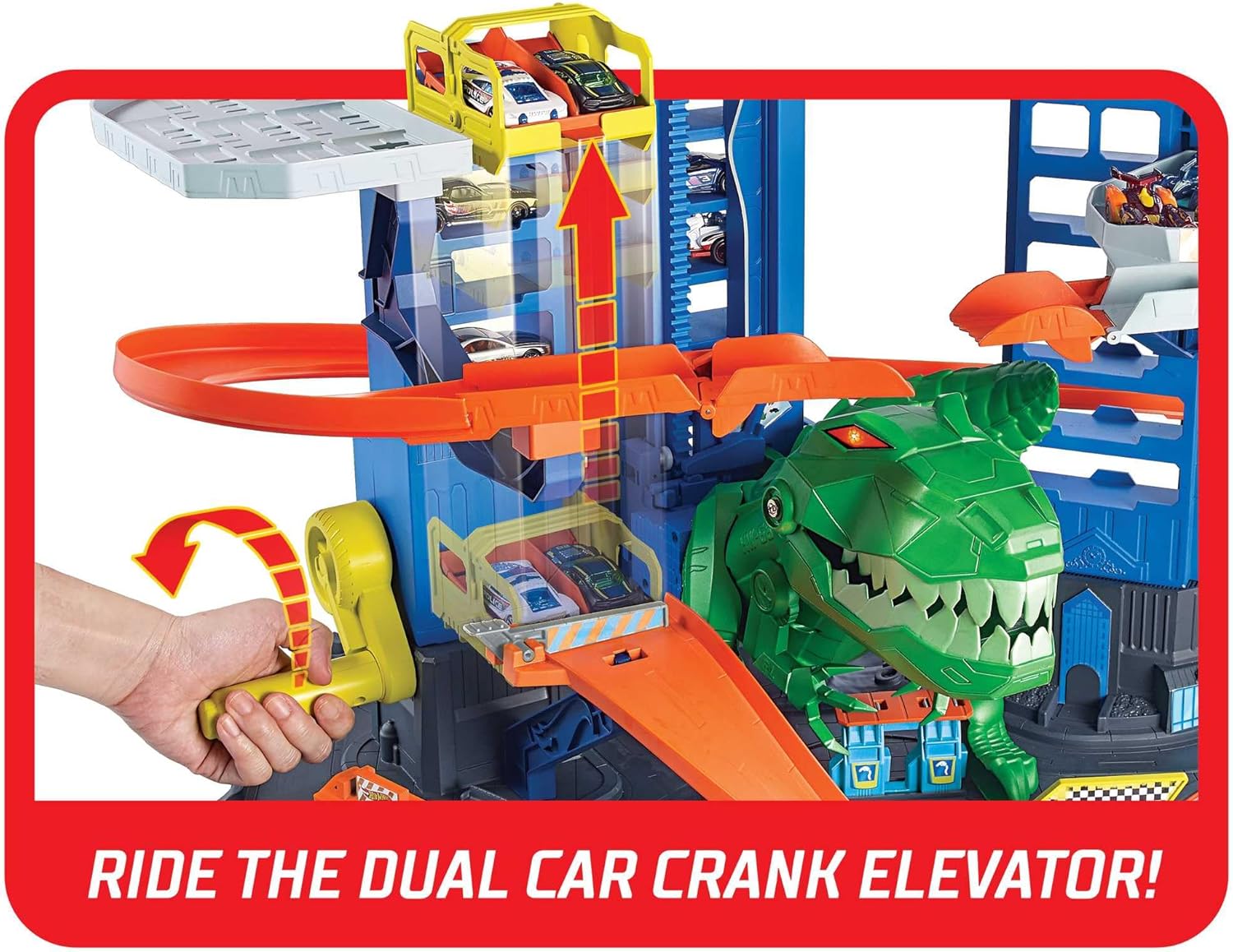 Hot Wheels City Ultimate Garage Playset with Multi-Level Racetrack, 91 cm Tall Moving T-Rex Dinosaur, Parks 100 Cars, Includes 2 Toy Cars, Toys for Ages 5 to 8, One Pack, GJL14-3