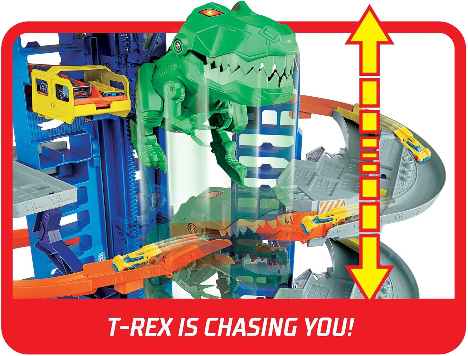 Hot Wheels City Ultimate Garage Playset with Multi-Level Racetrack, 91 cm Tall Moving T-Rex Dinosaur, Parks 100 Cars, Includes 2 Toy Cars, Toys for Ages 5 to 8, One Pack, GJL14-4