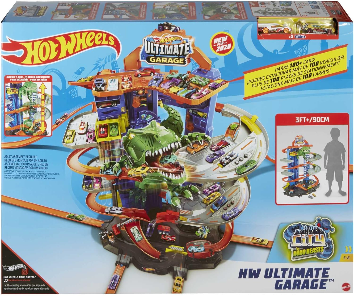 Hot Wheels City Ultimate Garage Playset with Multi-Level Racetrack, 91 cm Tall Moving T-Rex Dinosaur, Parks 100 Cars, Includes 2 Toy Cars, Toys for Ages 5 to 8, One Pack, GJL14-5