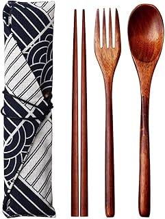 nuoshen Wooden Tableware,3PCS Japanese Style Wooden Cutlery Set in an Oriental Style Pouch with 1 x Spoon, 1 x Fork, 1 x Chopsticks with Pouch Sushi Dinnerware Tableware for Family Travel