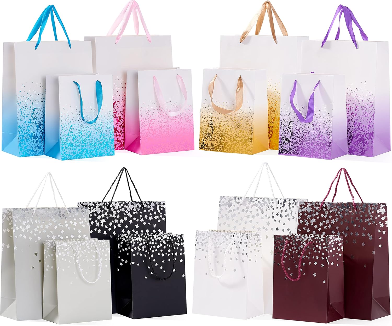 THE TWIDDLERS 16 Colourful Bags with Ribbon Handles for Xmas, Birthday Party Present, All Occasions - Assorted Colours, 2 Sizes, 8 Each 18cm x 23cm, 32cm x 26cm-0