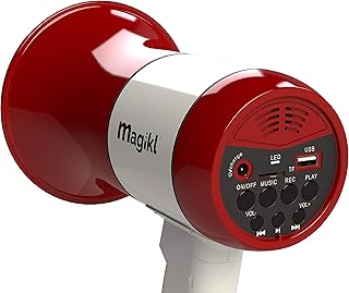 Magikl Megaphone Speaker with Siren - Portable Loud Hailer - MP3 Player and Recording Function, Rechargeable Battery and USB-Charging Cable Included - For Parties, Sporting Events and Professional Use