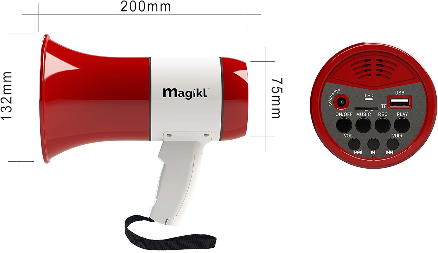 Magikl Megaphone Speaker with Siren - Portable Loud Hailer - MP3 Player and Recording Function, Rechargeable Battery and USB-Charging Cable Included - For Parties, Sporting Events and Professional Use-1