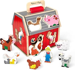 Melissa & Doug Wooden Take-Along Sorting Barn Toy with Flip-Up Roof and Handle 10 Wooden Farm Play Pieces - Farm Toys, Shape Sorting And Stacking Learning Toys For Toddlers And Kids Ages 2+