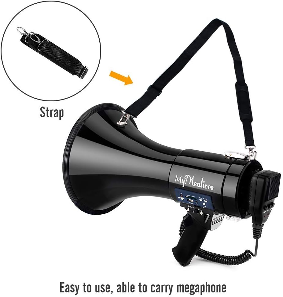 MyMealivos Megaphone with Siren Bullhorn 50 Watt Bullhorn Speaker with Detachable Microphone, Portable Lightweight Strap & 3.5mm Aux Input-1