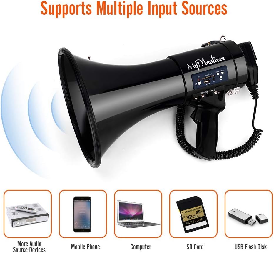 MyMealivos Megaphone with Siren Bullhorn 50 Watt Bullhorn Speaker with Detachable Microphone, Portable Lightweight Strap & 3.5mm Aux Input-3