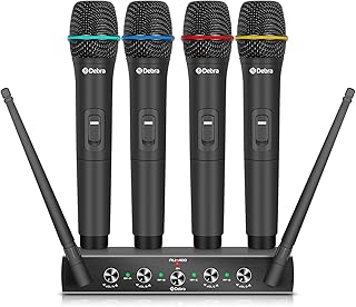 Debra Audio Pro UHF 4 Channel Wireless Microphone System With Cordless Handheld Lavalier Headset Mics, Metal Receiver, Ideal For Karaoke Church Party (With 4 Handheld (A))