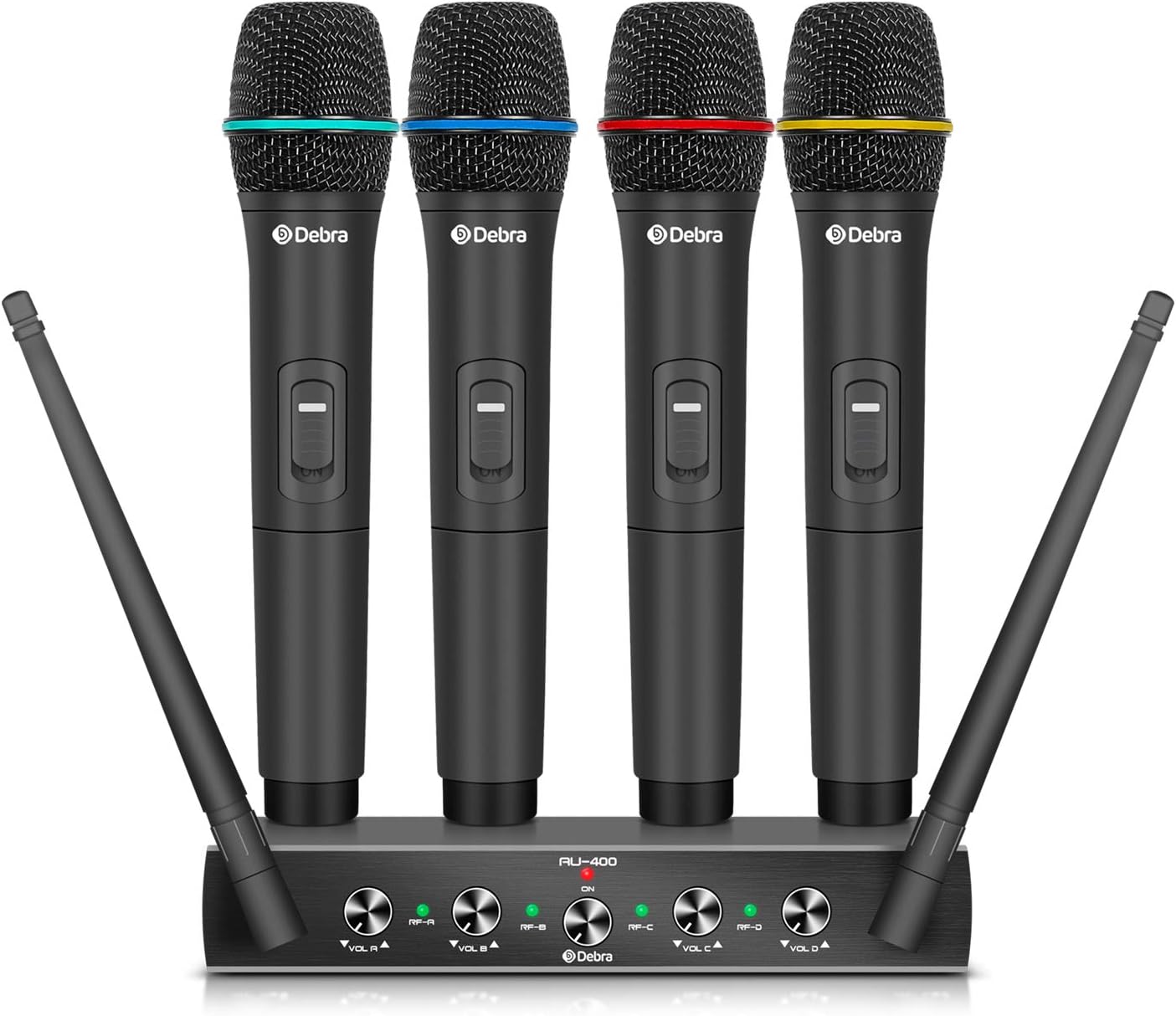 Debra Audio Pro UHF 4 Channel Wireless Microphone System With Cordless Handheld Lavalier Headset Mics, Metal Receiver, Ideal For Karaoke Church Party (With 4 Handheld (A))-0