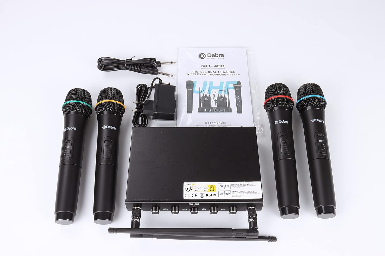 Debra Audio Pro UHF 4 Channel Wireless Microphone System With Cordless Handheld Lavalier Headset Mics, Metal Receiver, Ideal For Karaoke Church Party (With 4 Handheld (A))-11