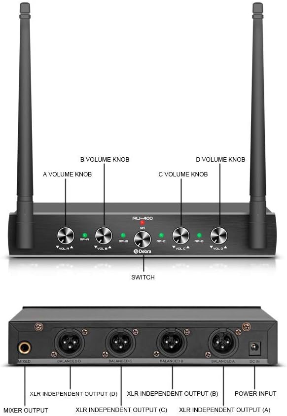 Debra Audio Pro UHF 4 Channel Wireless Microphone System With Cordless Handheld Lavalier Headset Mics, Metal Receiver, Ideal For Karaoke Church Party (With 4 Handheld (A))-4