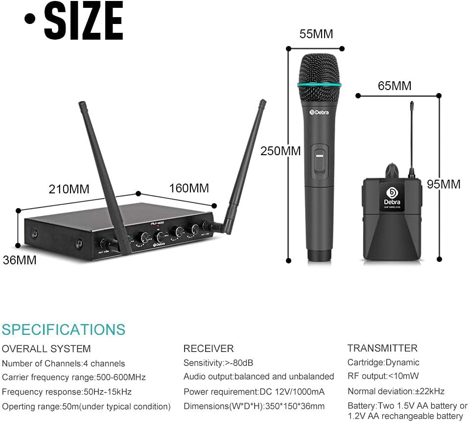 Debra Audio Pro UHF 4 Channel Wireless Microphone System With Cordless Handheld Lavalier Headset Mics, Metal Receiver, Ideal For Karaoke Church Party (With 4 Handheld (A))-8