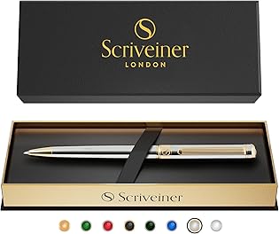 Scriveiner Ballpoint Pen London - Stunning Ballpoint Pen with 24K Gold Finish, Schmidt Black Refill, Best Ball Pen Gift Set for Men & Women (-, Silver Chrome with Gold)