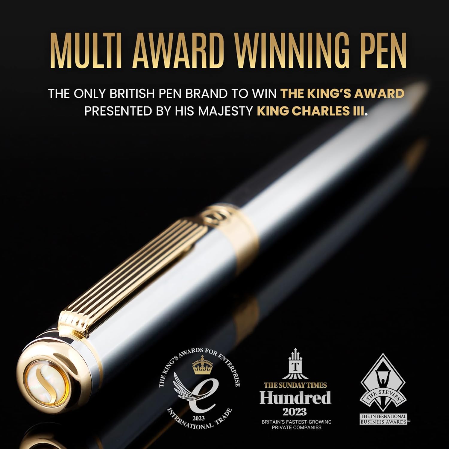 Scriveiner Ballpoint Pen London - Stunning Ballpoint Pen with 24K Gold Finish, Schmidt Black Refill, Best Ball Pen Gift Set for Men & Women (-, Silver Chrome with Gold)-1