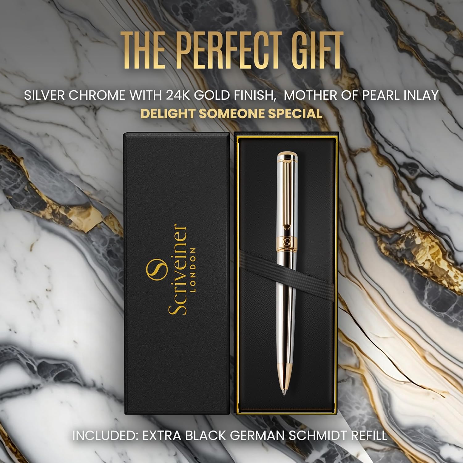 Scriveiner Ballpoint Pen London - Stunning Ballpoint Pen with 24K Gold Finish, Schmidt Black Refill, Best Ball Pen Gift Set for Men & Women (-, Silver Chrome with Gold)-2