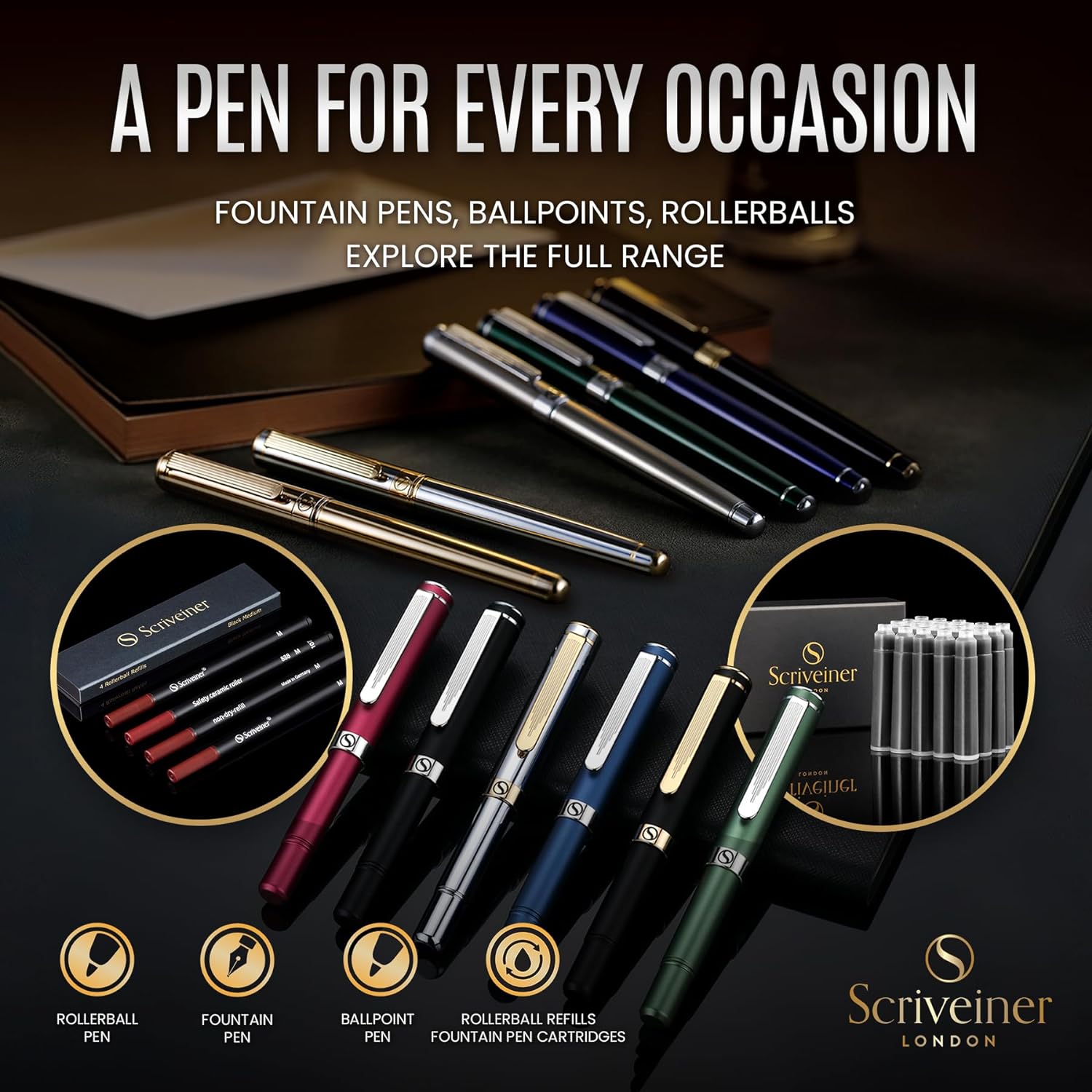 Scriveiner Ballpoint Pen London - Stunning Ballpoint Pen with 24K Gold Finish, Schmidt Black Refill, Best Ball Pen Gift Set for Men & Women (-, Silver Chrome with Gold)-5