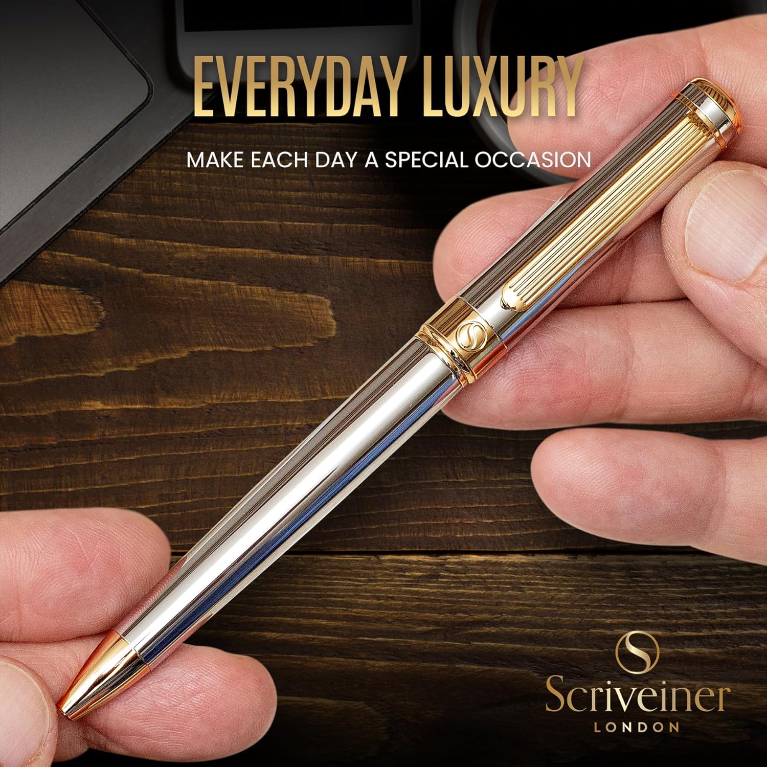 Scriveiner Ballpoint Pen London - Stunning Ballpoint Pen with 24K Gold Finish, Schmidt Black Refill, Best Ball Pen Gift Set for Men & Women (-, Silver Chrome with Gold)-6